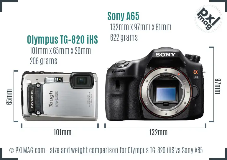 Olympus TG-820 iHS vs Sony A65 size comparison