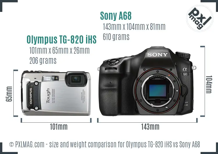 Olympus TG-820 iHS vs Sony A68 size comparison
