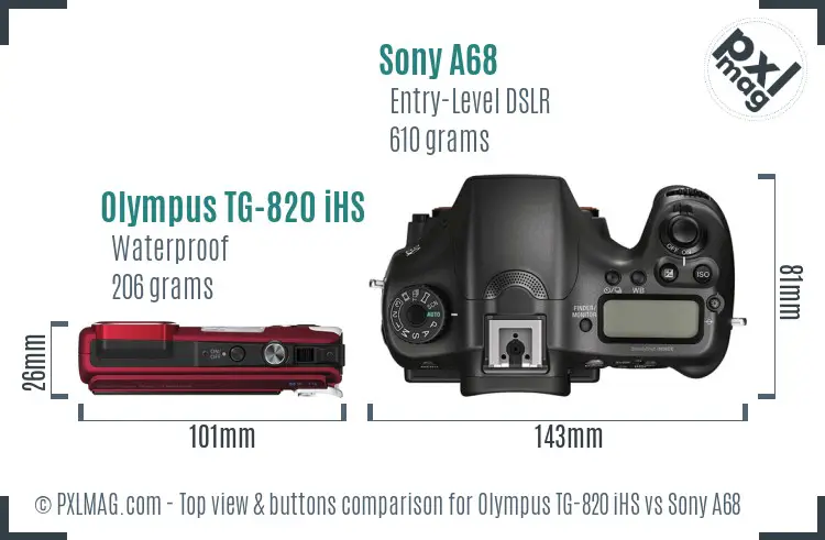 Olympus TG-820 iHS vs Sony A68 top view buttons comparison