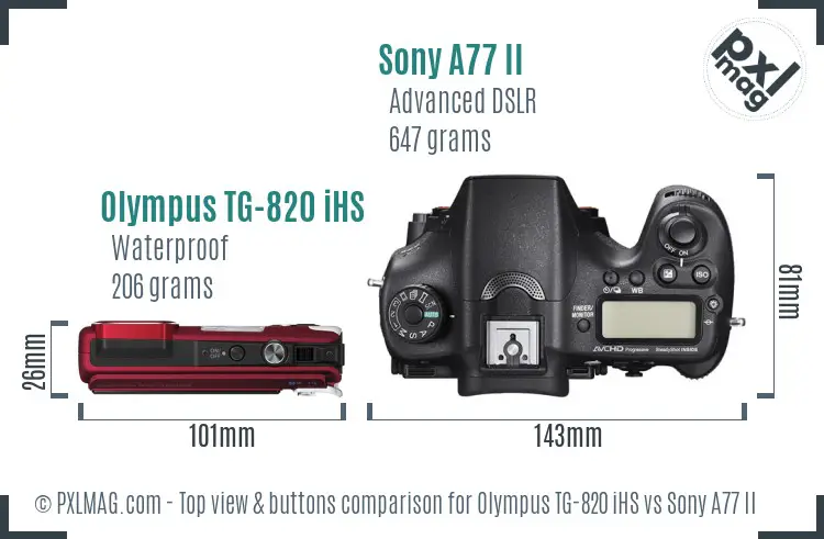 Olympus TG-820 iHS vs Sony A77 II top view buttons comparison