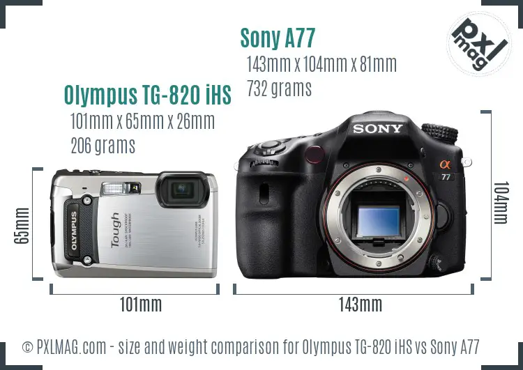 Olympus TG-820 iHS vs Sony A77 size comparison