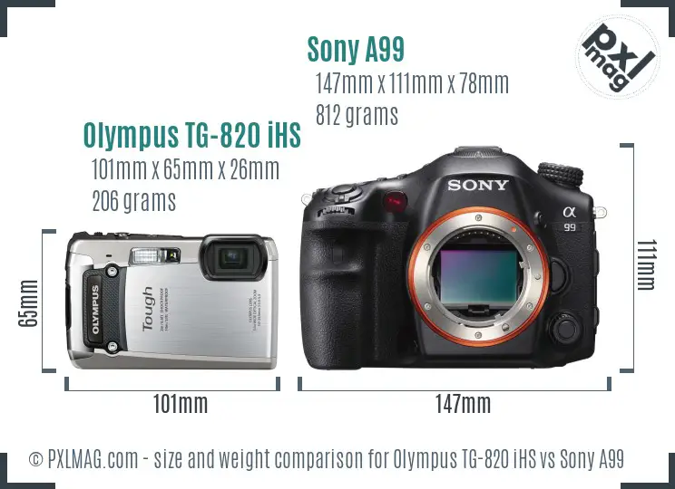 Olympus TG-820 iHS vs Sony A99 size comparison