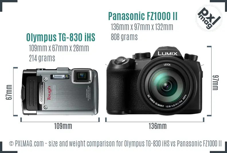 Olympus TG-830 iHS vs Panasonic FZ1000 II size comparison