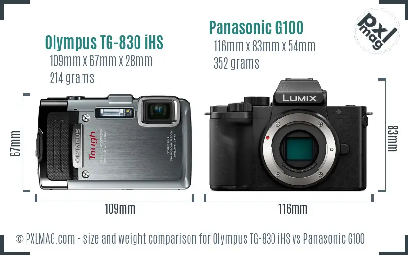 Olympus TG-830 iHS vs Panasonic G100 size comparison