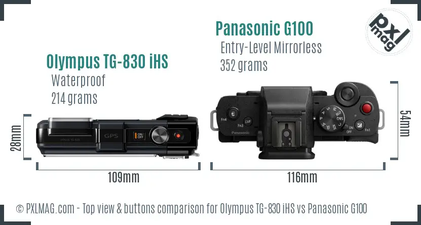 Olympus TG-830 iHS vs Panasonic G100 top view buttons comparison