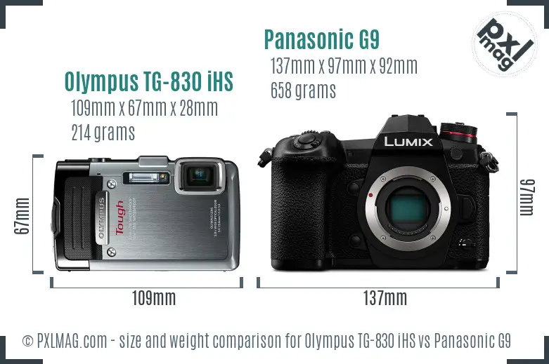 Olympus TG-830 iHS vs Panasonic G9 size comparison
