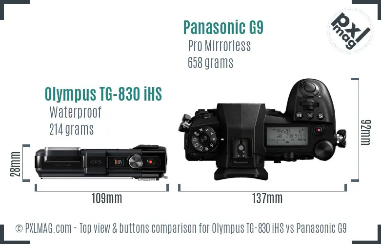 Olympus TG-830 iHS vs Panasonic G9 top view buttons comparison