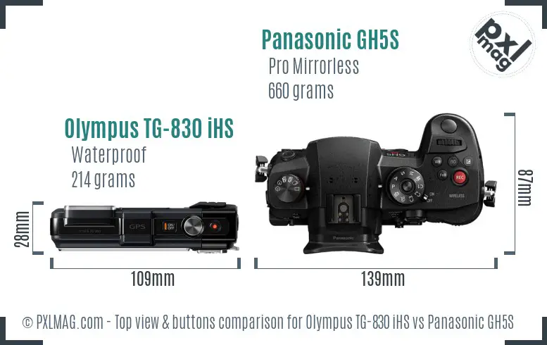 Olympus TG-830 iHS vs Panasonic GH5S top view buttons comparison