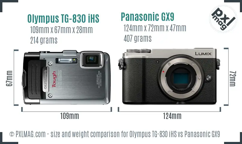 Olympus TG-830 iHS vs Panasonic GX9 size comparison