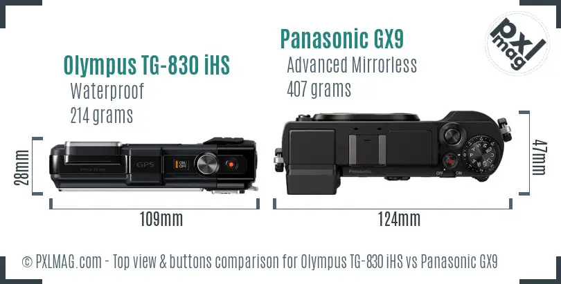 Olympus TG-830 iHS vs Panasonic GX9 top view buttons comparison