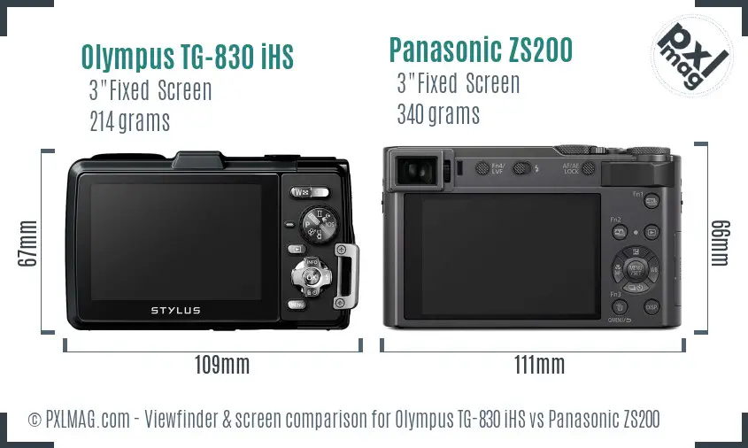 Olympus TG-830 iHS vs Panasonic ZS200 Screen and Viewfinder comparison