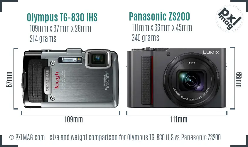 Olympus TG-830 iHS vs Panasonic ZS200 size comparison