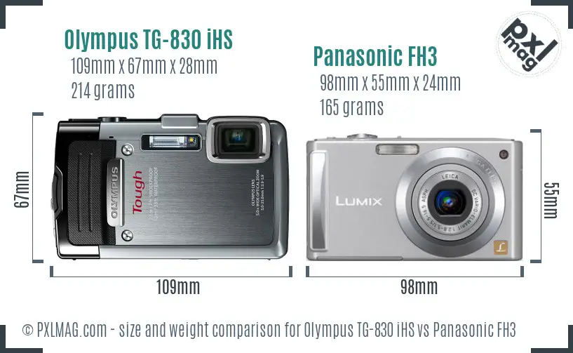 Olympus TG-830 iHS vs Panasonic FH3 size comparison