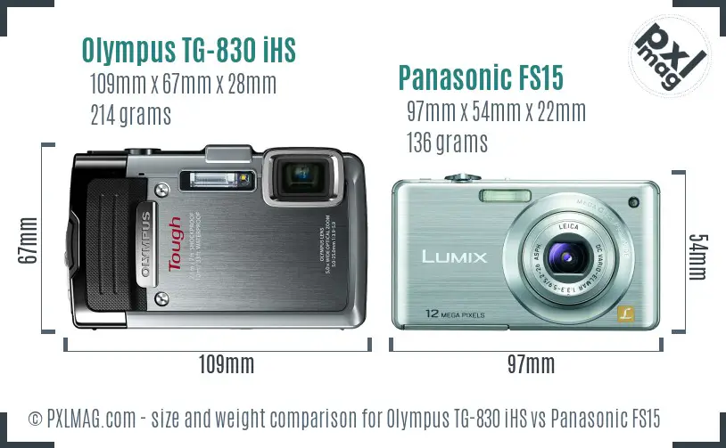Olympus TG-830 iHS vs Panasonic FS15 size comparison