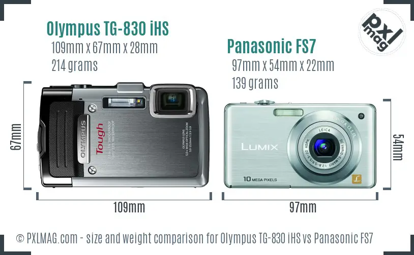 Olympus TG-830 iHS vs Panasonic FS7 size comparison