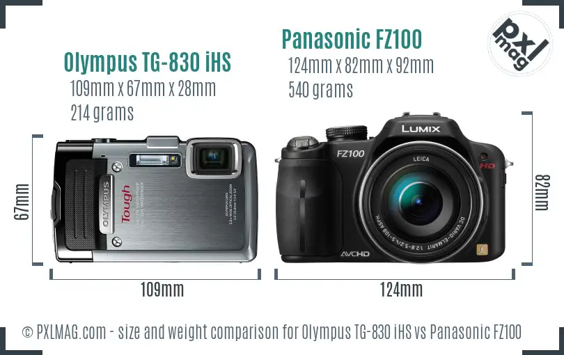 Olympus TG-830 iHS vs Panasonic FZ100 size comparison