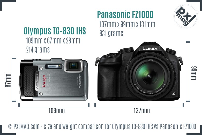 Olympus TG-830 iHS vs Panasonic FZ1000 size comparison
