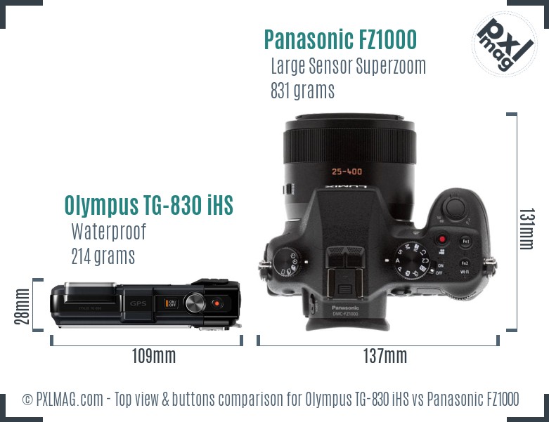 Olympus TG-830 iHS vs Panasonic FZ1000 top view buttons comparison