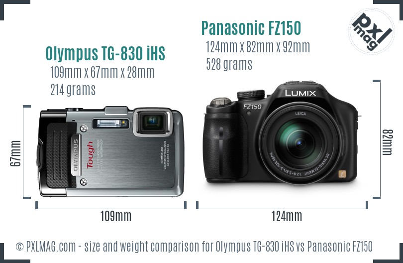 Olympus TG-830 iHS vs Panasonic FZ150 size comparison