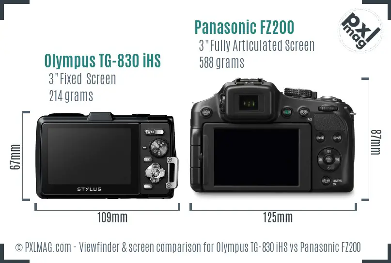 Olympus TG-830 iHS vs Panasonic FZ200 Screen and Viewfinder comparison