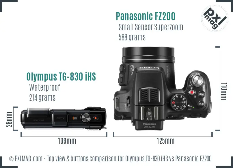 Olympus TG-830 iHS vs Panasonic FZ200 top view buttons comparison