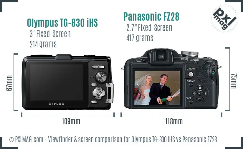 Olympus TG-830 iHS vs Panasonic FZ28 Screen and Viewfinder comparison