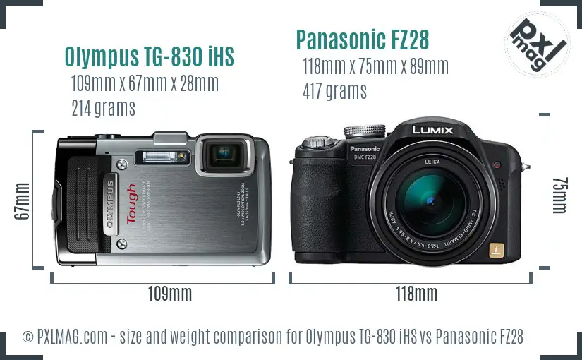 Olympus TG-830 iHS vs Panasonic FZ28 size comparison