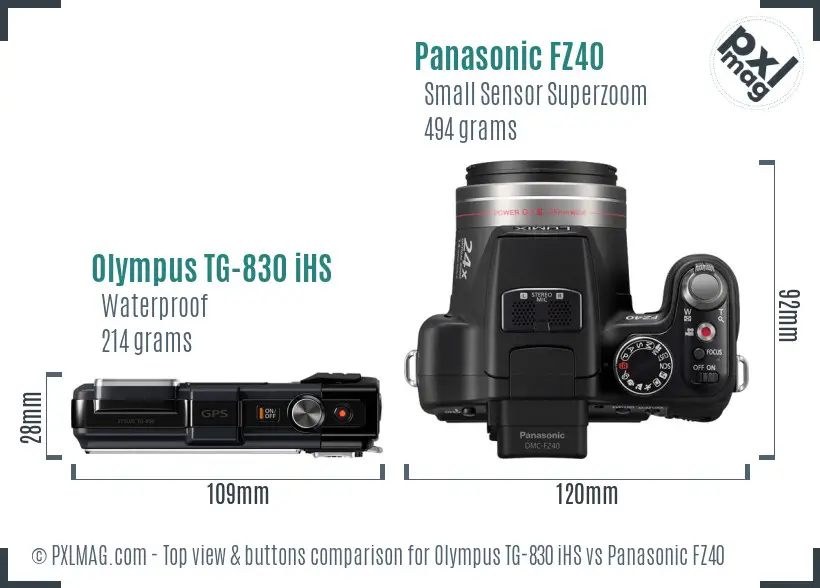 Olympus TG-830 iHS vs Panasonic FZ40 top view buttons comparison Olympus TG-830 iHS vs Panasonic FZ40 top view buttons comparison