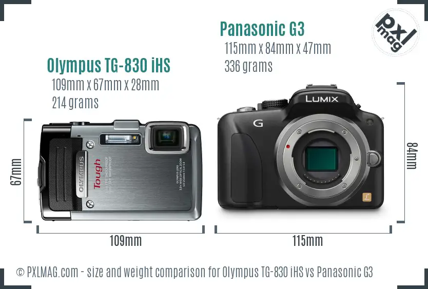 Olympus TG-830 iHS vs Panasonic G3 size comparison