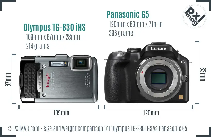 Olympus TG-830 iHS vs Panasonic G5 size comparison