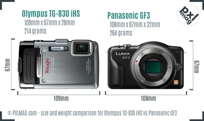 Olympus TG-830 iHS vs Panasonic GF3 size comparison