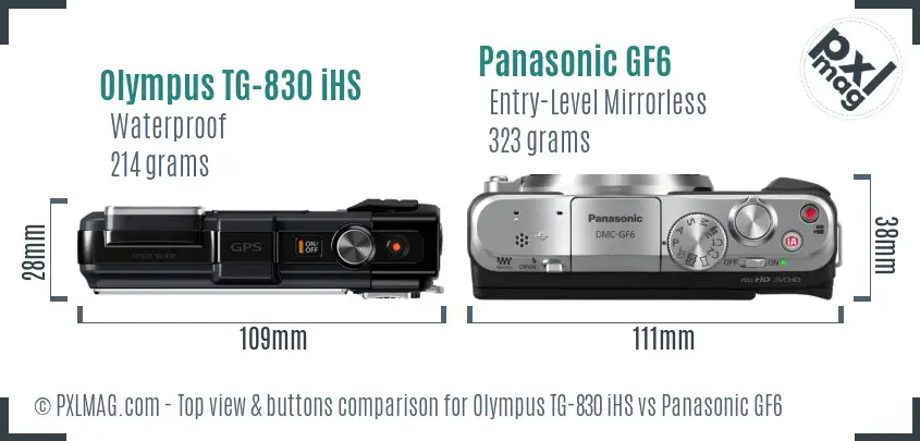 Olympus TG-830 iHS vs Panasonic GF6 top view buttons comparison Olympus TG-830 iHS vs Panasonic GF6 top view buttons comparison