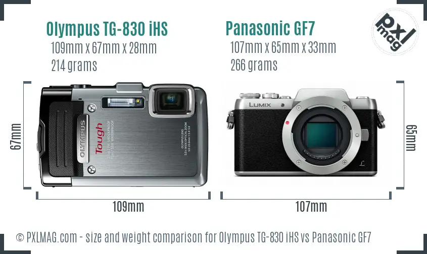 Olympus TG-830 iHS vs Panasonic GF7 size comparison