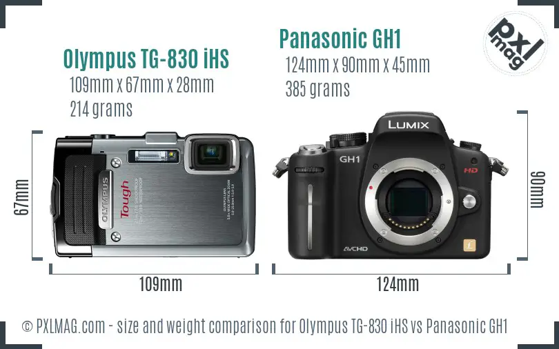 Olympus TG-830 iHS vs Panasonic GH1 size comparison