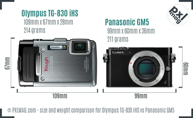 Olympus TG-830 iHS vs Panasonic GM5 size comparison