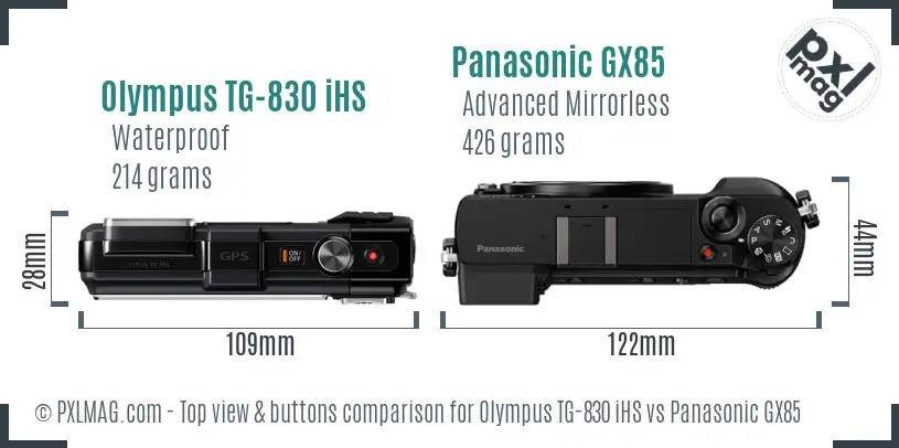 Olympus TG-830 iHS vs Panasonic GX85 top view buttons comparison