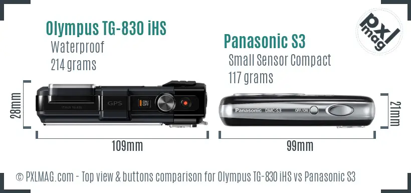 Olympus TG-830 iHS vs Panasonic S3 top view buttons comparison Olympus TG-830 iHS vs Panasonic S3 top view buttons comparison