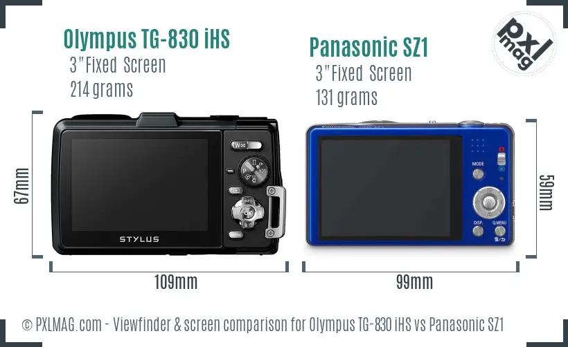 Olympus TG-830 iHS vs Panasonic SZ1 Screen and Viewfinder comparison