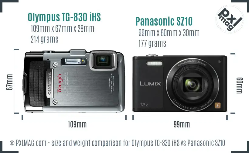 Olympus TG-830 iHS vs Panasonic SZ10 size comparison