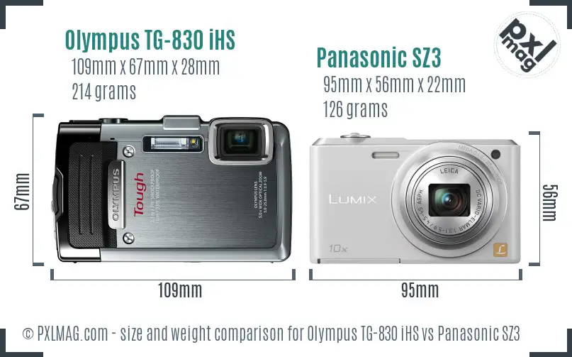 Olympus TG-830 iHS vs Panasonic SZ3 size comparison