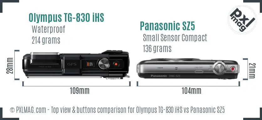 Olympus TG-830 iHS vs Panasonic SZ5 top view buttons comparison Olympus TG-830 iHS vs Panasonic SZ5 top view buttons comparison