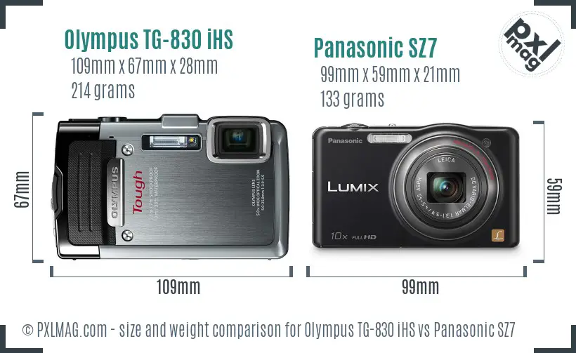 Olympus TG-830 iHS vs Panasonic SZ7 size comparison