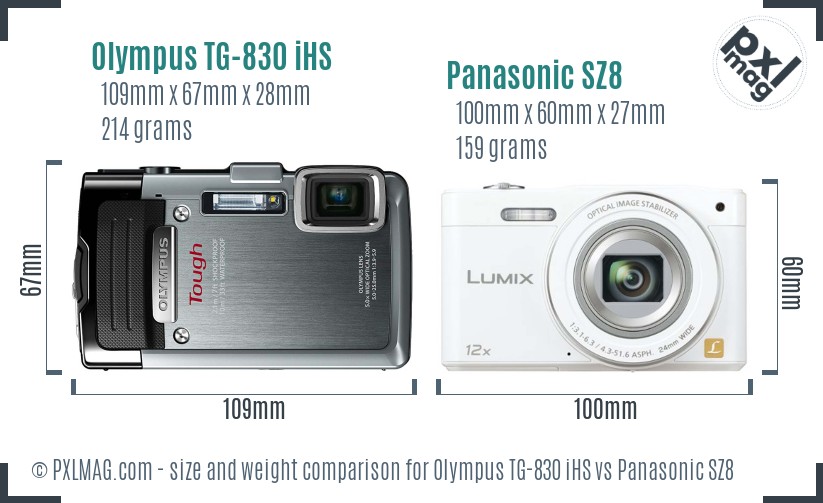 Olympus TG-830 iHS vs Panasonic SZ8 size comparison
