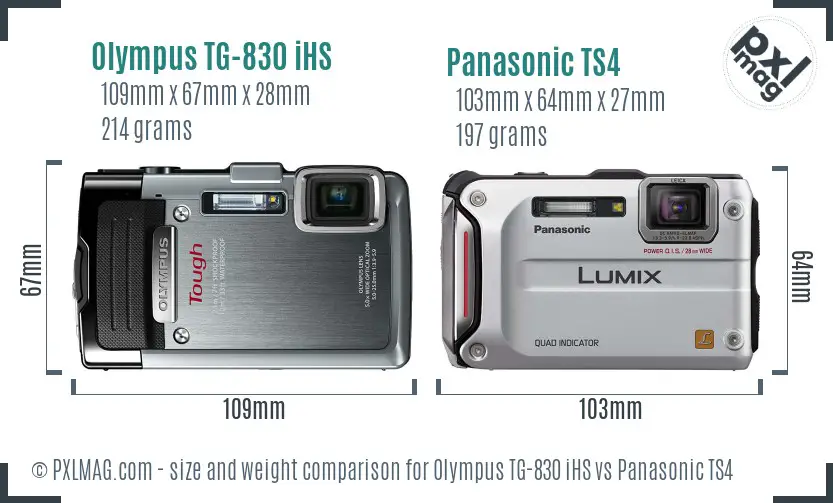 Olympus TG-830 iHS vs Panasonic TS4 size comparison