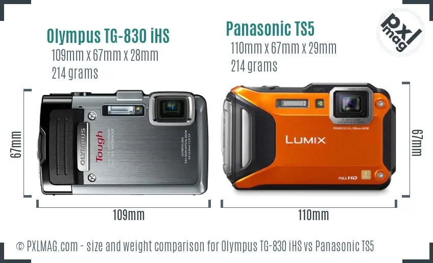 Olympus TG-830 iHS vs Panasonic TS5 size comparison