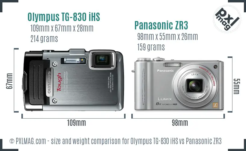 Olympus TG-830 iHS vs Panasonic ZR3 size comparison