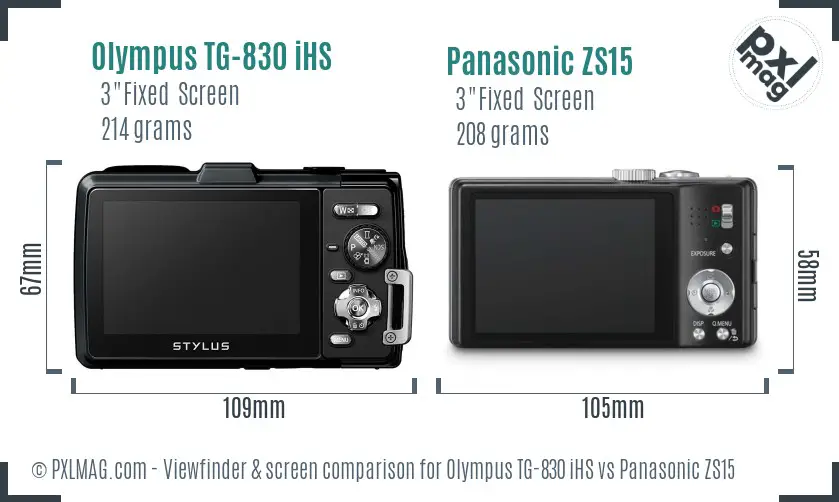 Olympus TG-830 iHS vs Panasonic ZS15 Screen and Viewfinder comparison