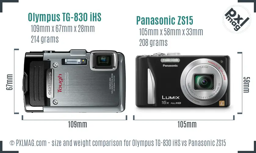 Olympus TG-830 iHS vs Panasonic ZS15 size comparison