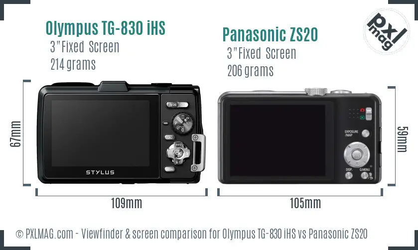 Olympus TG-830 iHS vs Panasonic ZS20 Screen and Viewfinder comparison