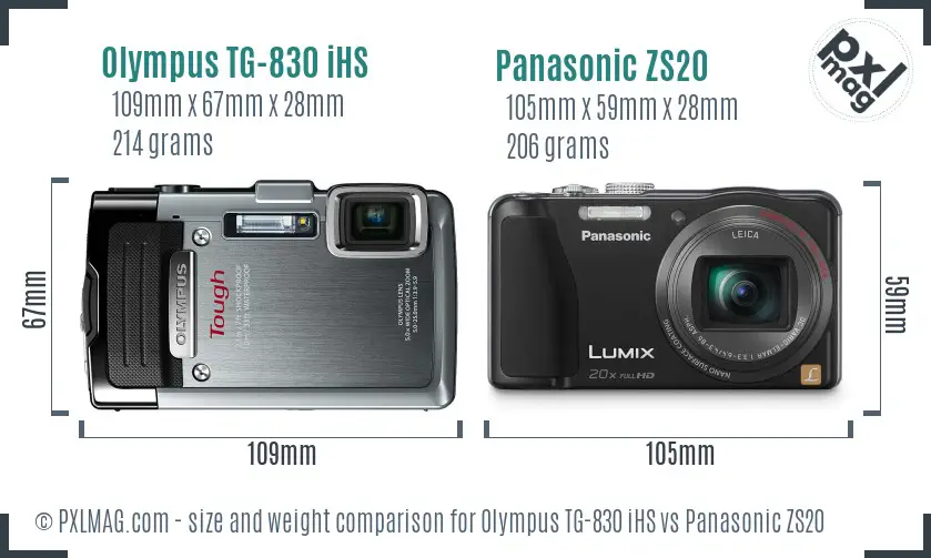 Olympus TG-830 iHS vs Panasonic ZS20 size comparison